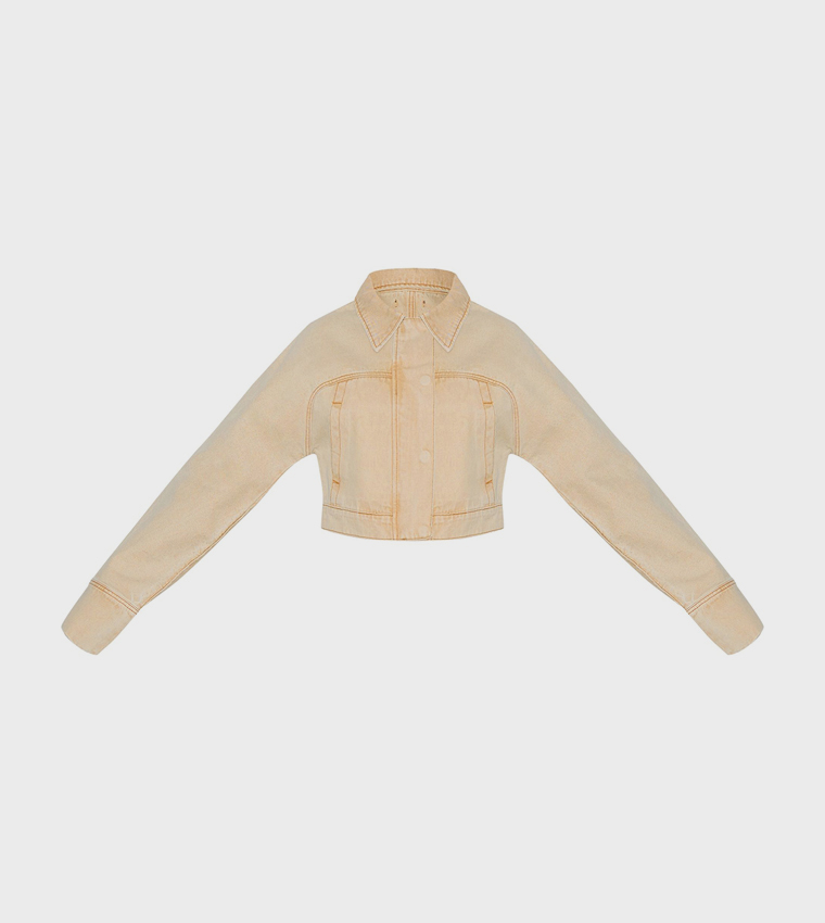 Washed Deep Cuff Concealed Button Denim Crop Jacket