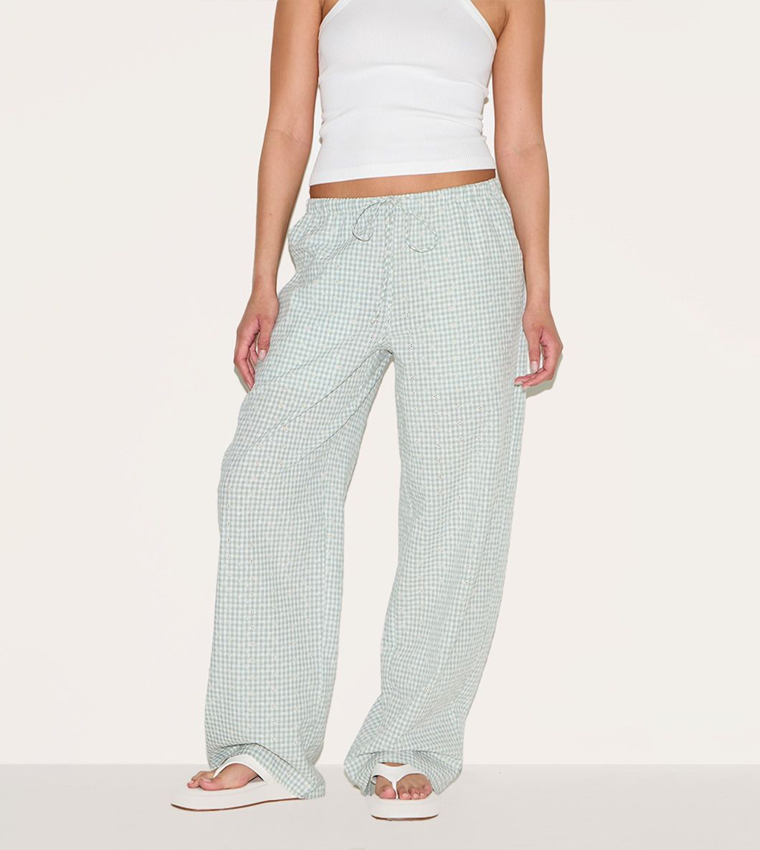 Gingham Broderie Embroidered Straight Fit Trousers