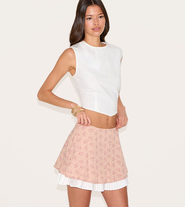 Printed Pleated Hem A-Line Mini Skirt