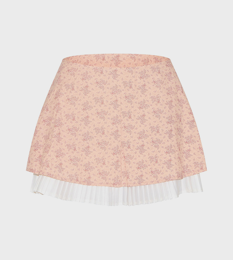 Printed Pleated Hem A-Line Mini Skirt