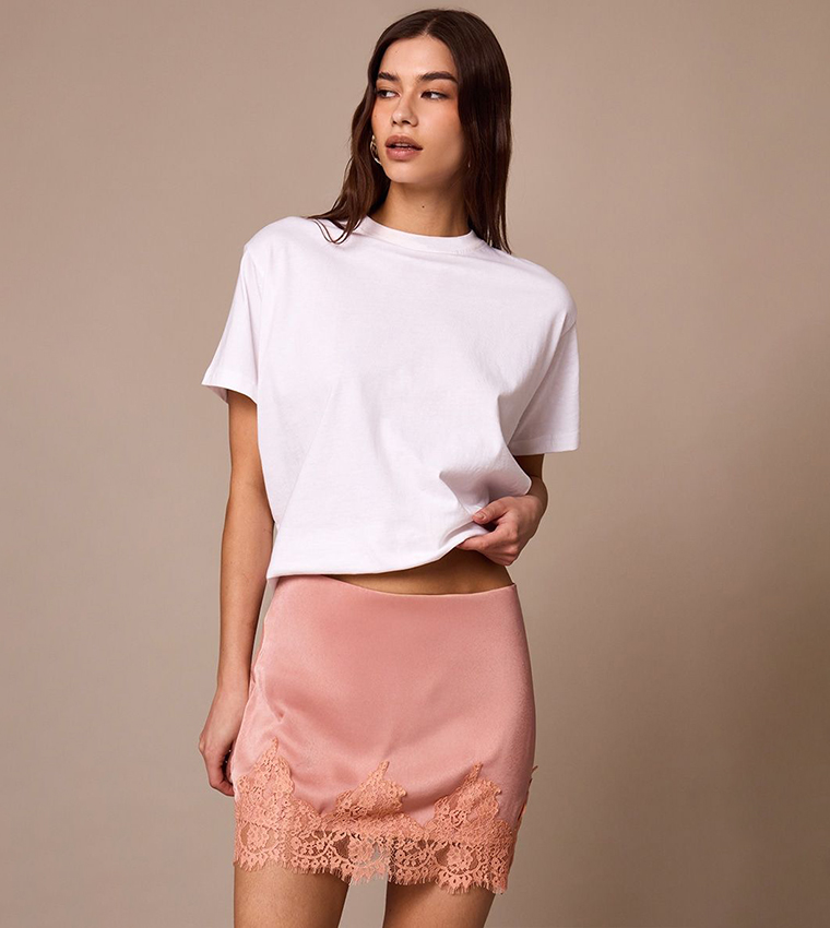 Satin Lace Trim Mini Skirt