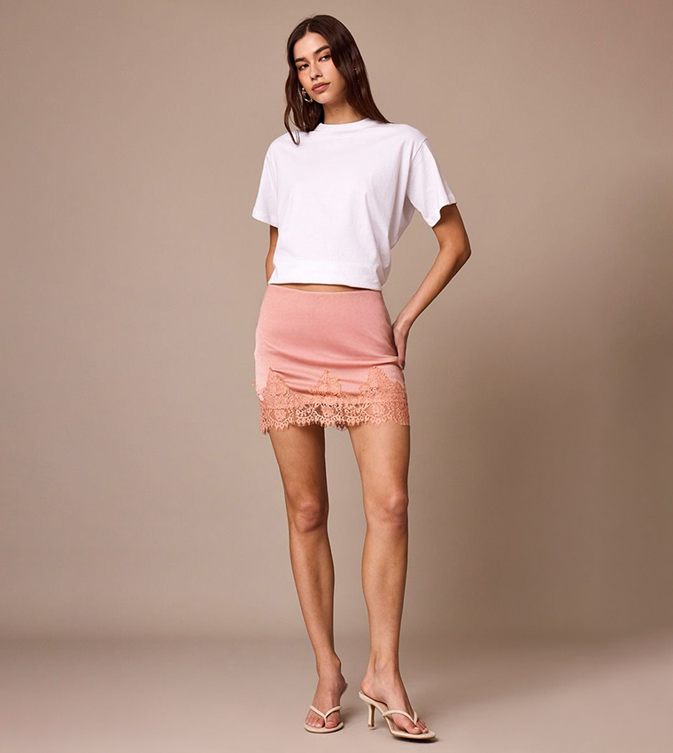 Satin Lace Trim Mini Skirt