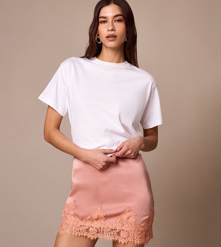 Satin Lace Trim Mini Skirt