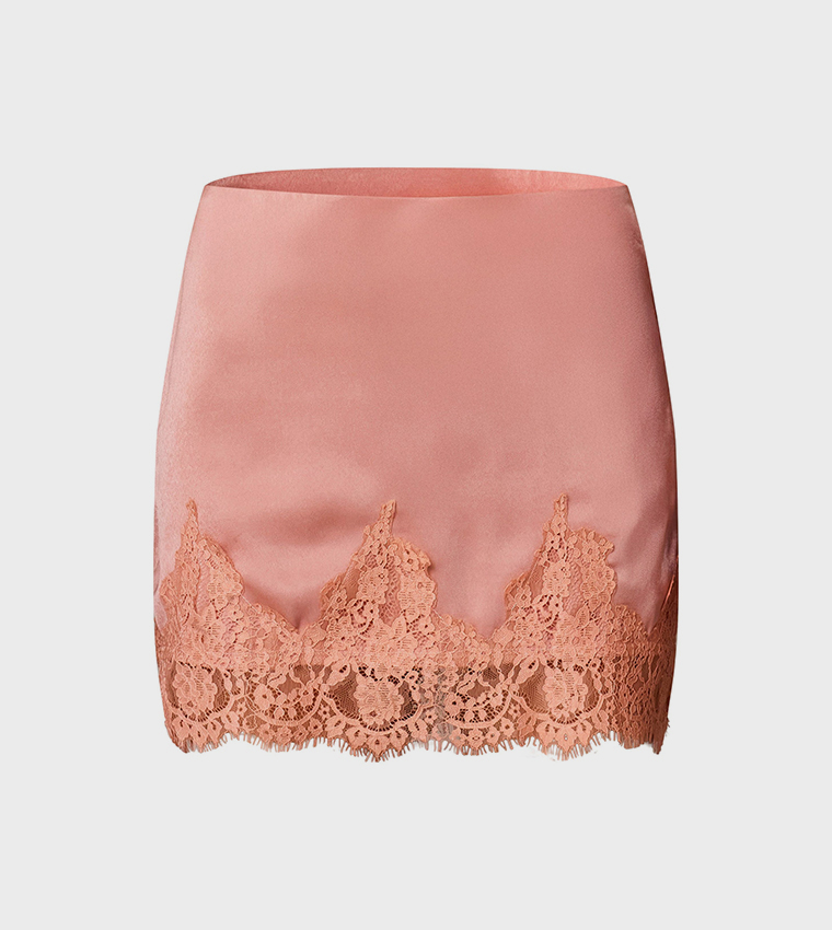 Satin Lace Trim Mini Skirt