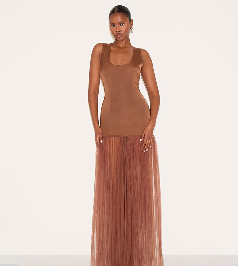 Buy PrettyLittleThing Scoop Neck Drop Waist Maxi Dress In Brown | 6thStreet  Kuwait