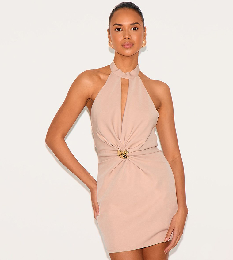 Woven Ruched Cut Out Mini Dress