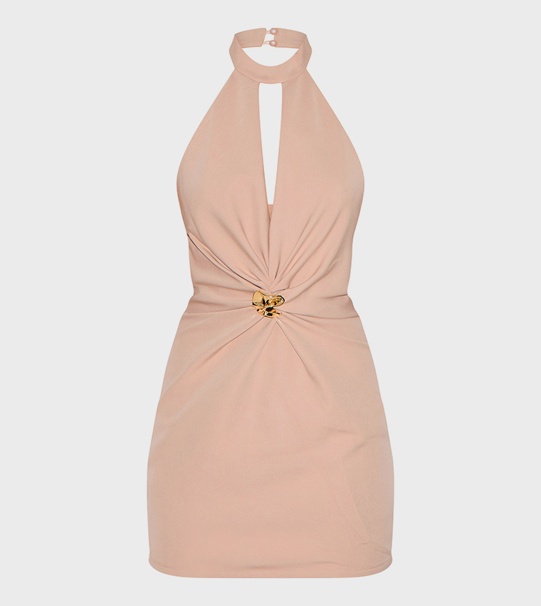 Woven Ruched Cut Out Mini Dress
