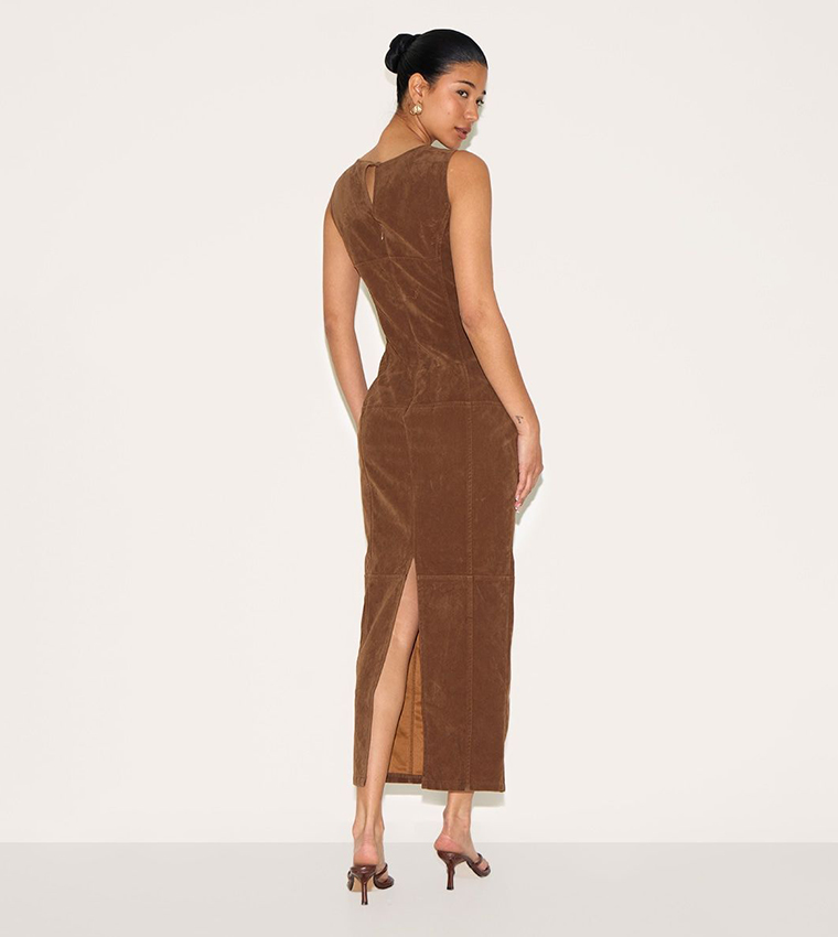 Chestnut Faux Suede Boat Neck Backless Maxi Dress