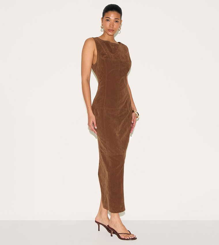 Chestnut Faux Suede Boat Neck Backless Maxi Dress