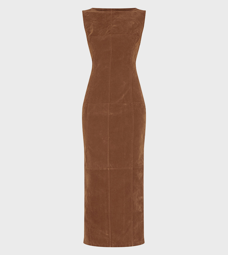 Chestnut Faux Suede Boat Neck Backless Maxi Dress