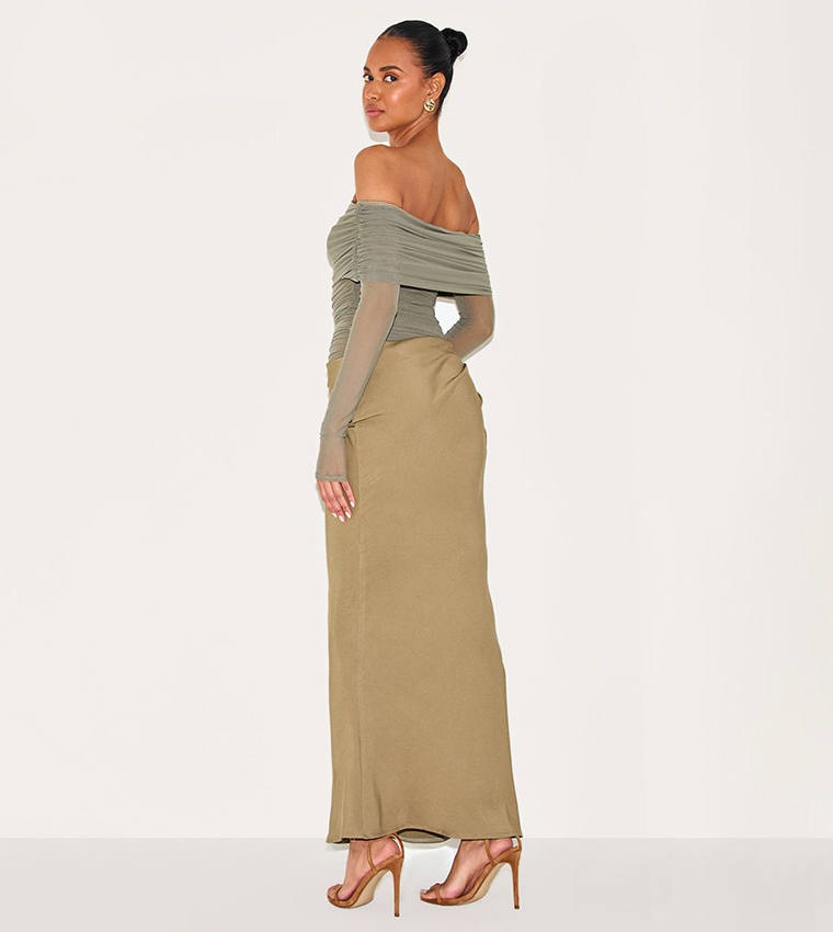 Satin Mesh Detail Bardot Maxi Dress