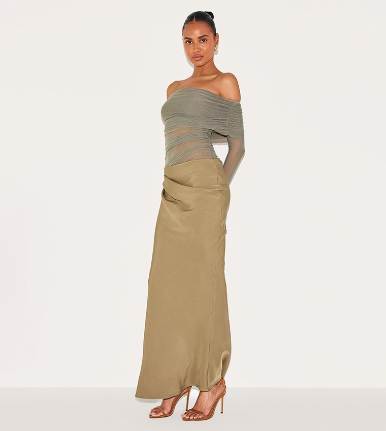 Satin Mesh Detail Bardot Maxi Dress
