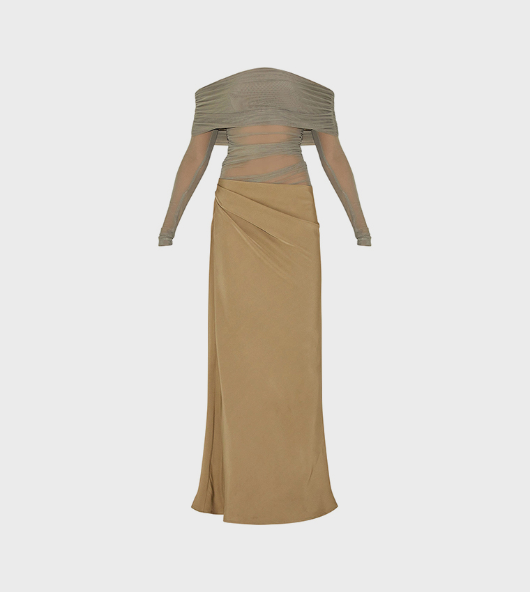 Satin Mesh Detail Bardot Maxi Dress