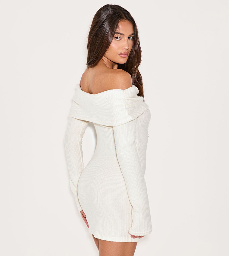 Brushed Rib Bardot Long Sleeve Bodycon Dress