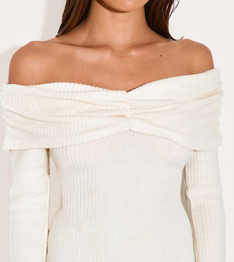Brushed Rib Bardot Long Sleeve Bodycon Dress