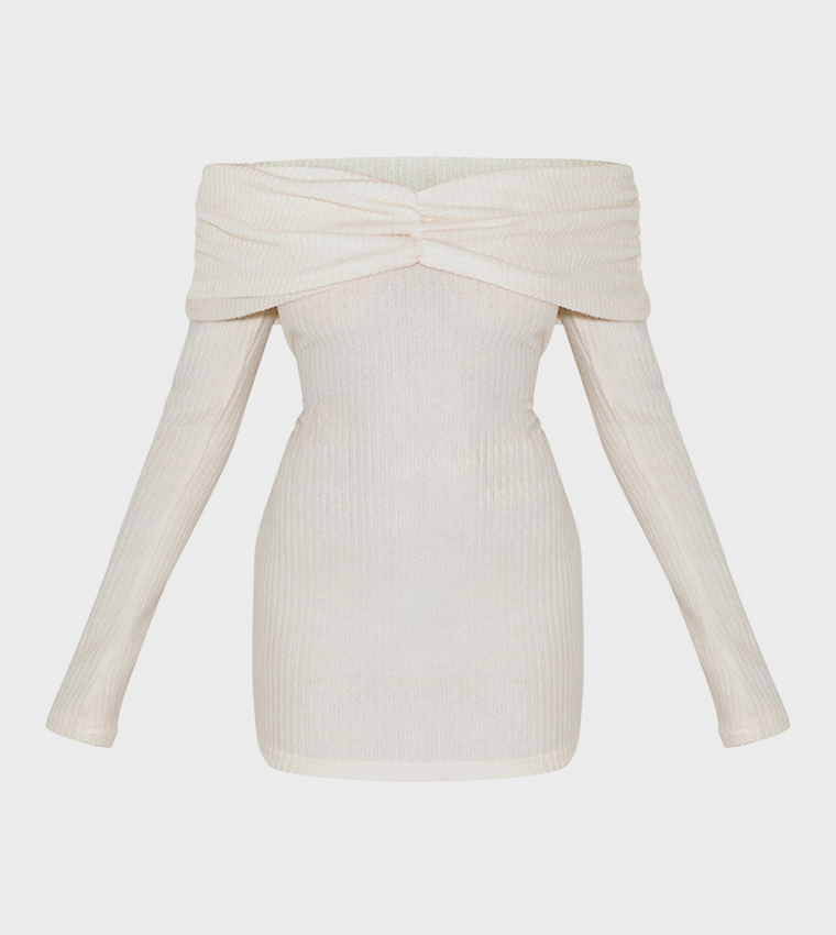 Brushed Rib Bardot Long Sleeve Bodycon Dress