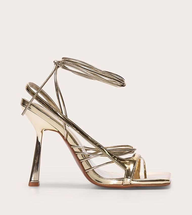 Square Toe Asymmetric Strappy Lace Up Heeled Sandals