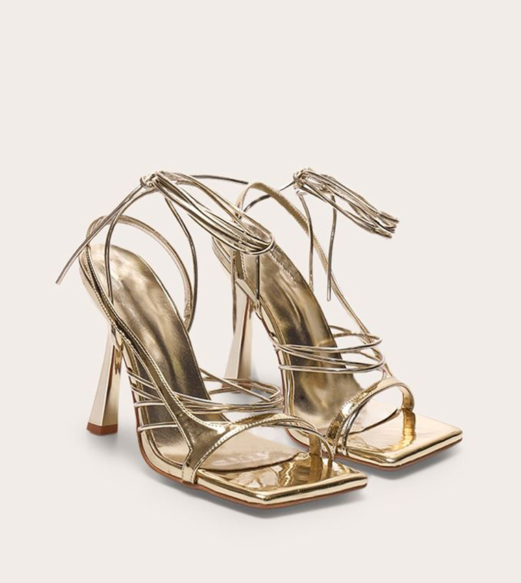 Square Toe Asymmetric Strappy Lace Up Heeled Sandals