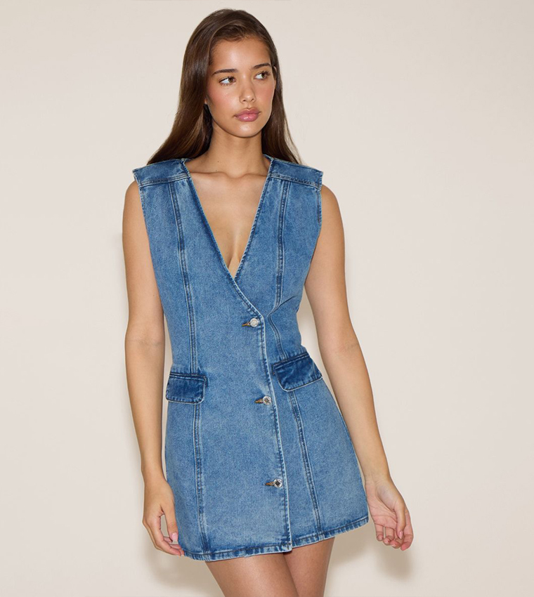 Wash Button Up Waistcoat Style Denim Mini Dress