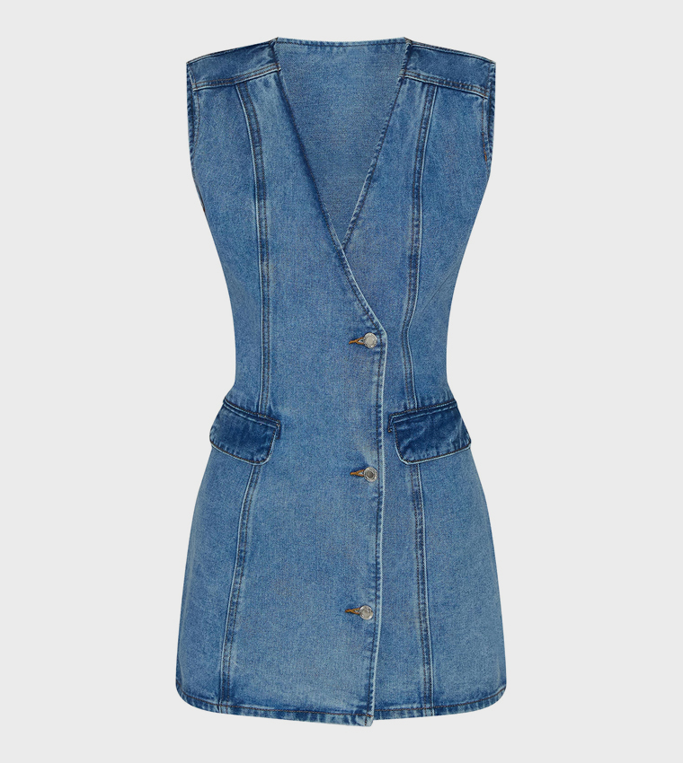Wash Button Up Waistcoat Style Denim Mini Dress