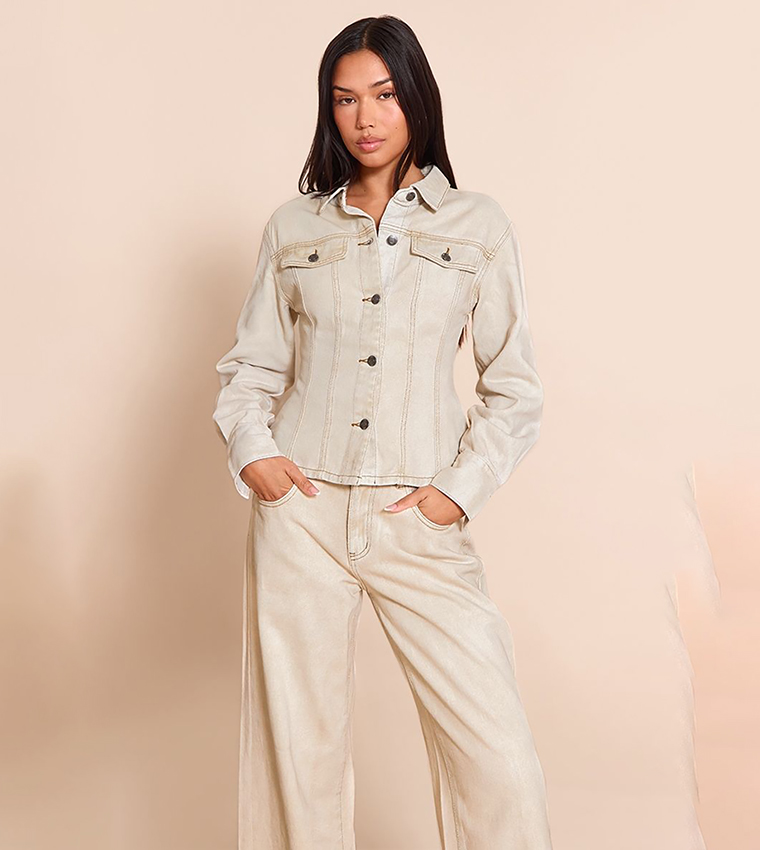 Washed Long Sleeves Cinch Waist Denim Jacket