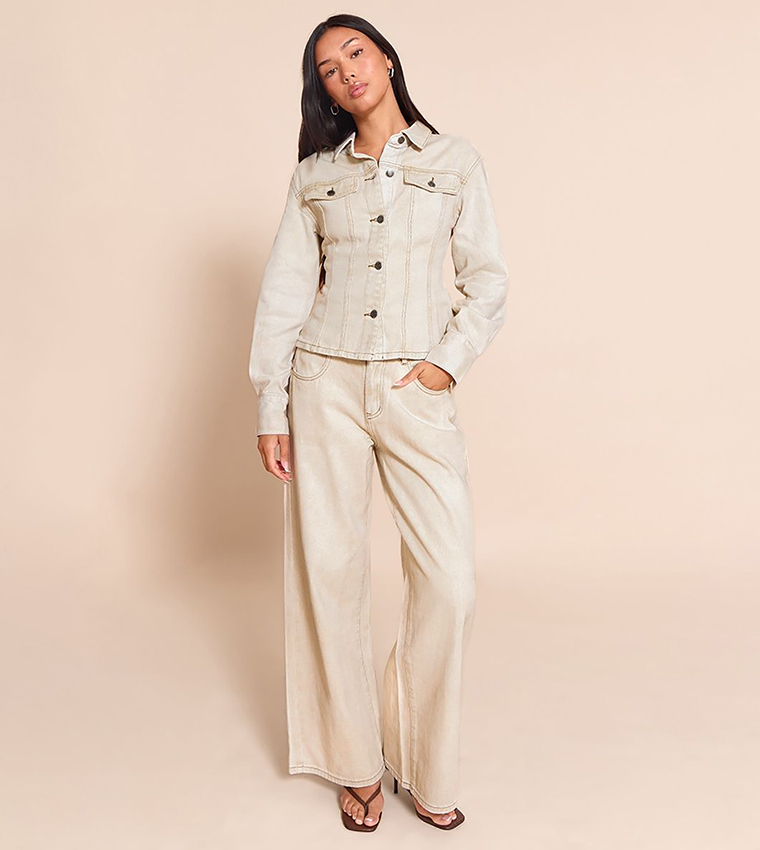 Washed Long Sleeves Cinch Waist Denim Jacket