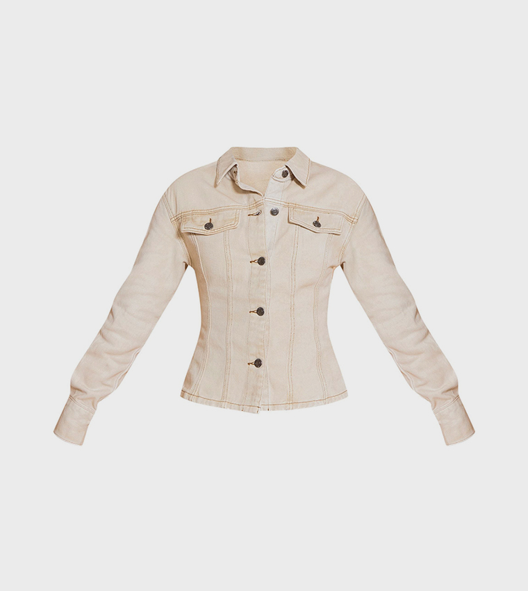 Washed Long Sleeves Cinch Waist Denim Jacket