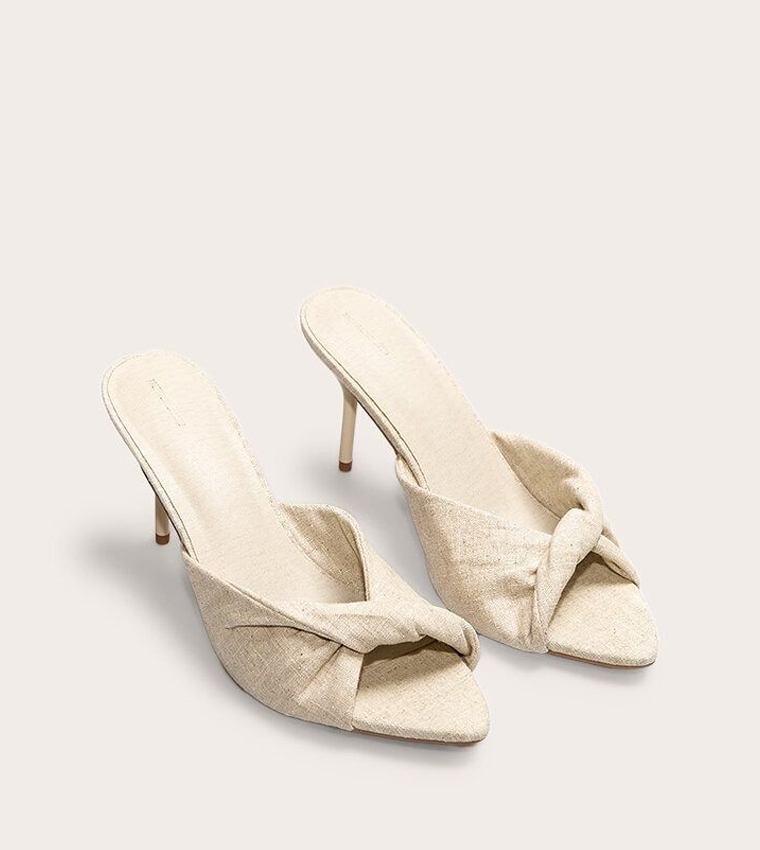 Linen Pointed Toe Twist Strap Heel Sandals