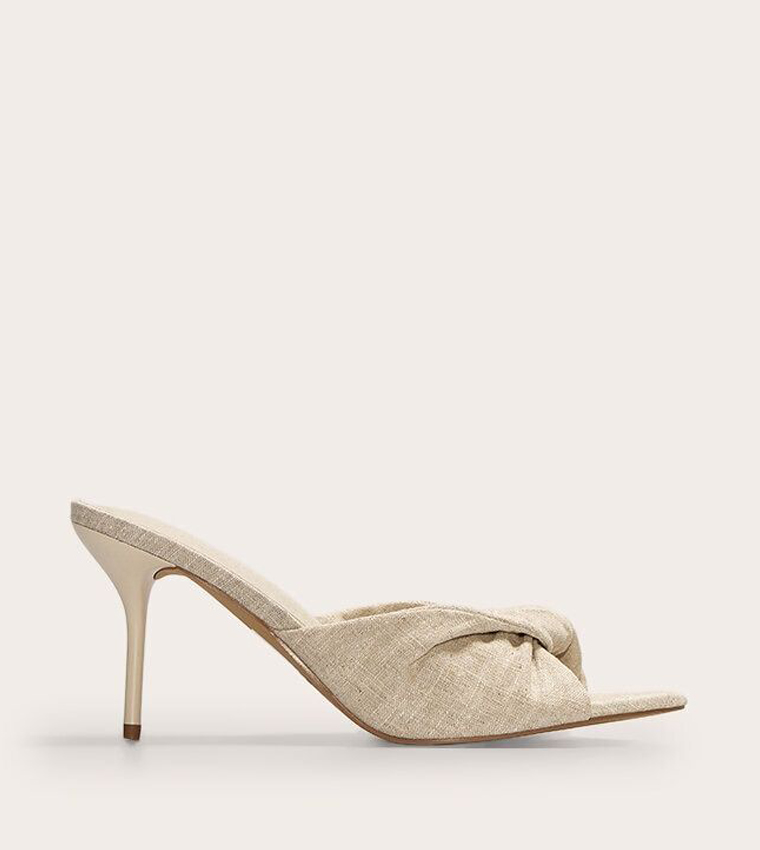 Linen Pointed Toe Twist Strap Heel Sandals