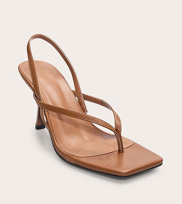PU Square Toe Thong Slingback Heel Sandals