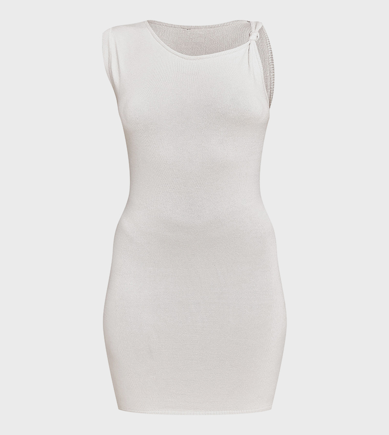Oatmeal Knit Asymmetric Knot Detail Mini Dress