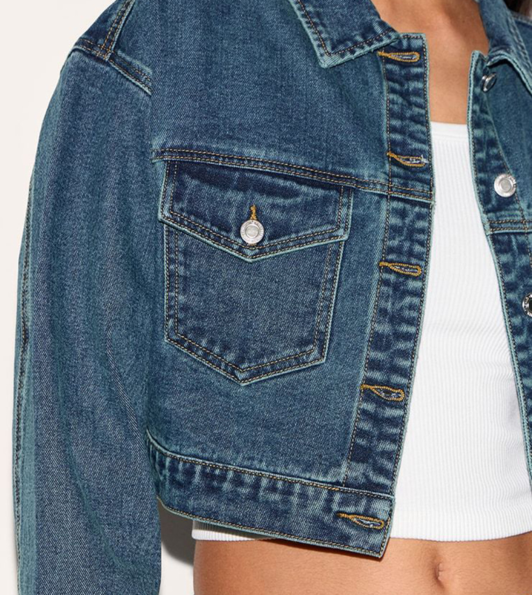 Tall Wash Pocket Detail Cropped Denim Jacket