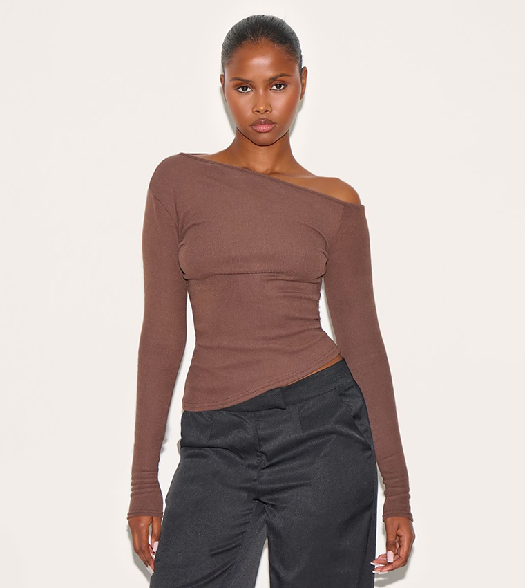 Soft Touch Ribbed Asymmetric Long Sleeves Top