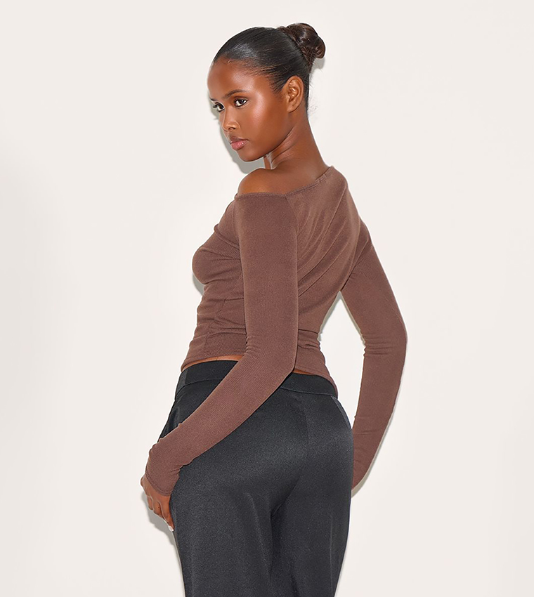 Soft Touch Ribbed Asymmetric Long Sleeves Top