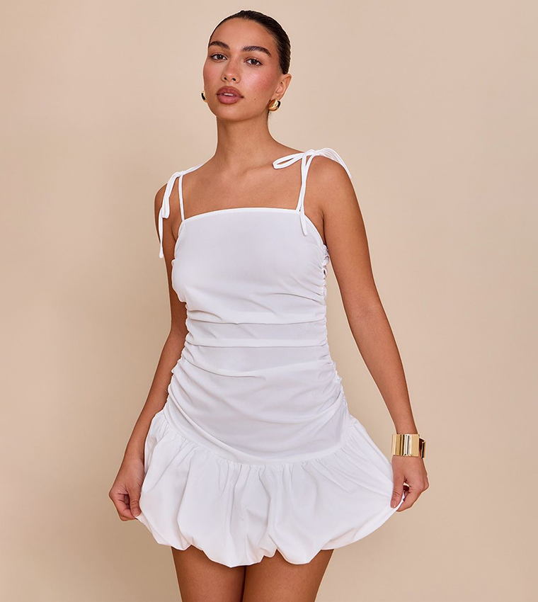 Ruched Detail Strappy Puffball Mini Dress