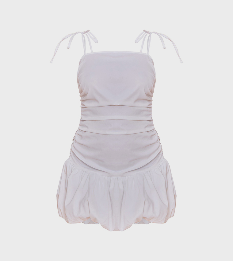 Ruched Detail Strappy Puffball Mini Dress