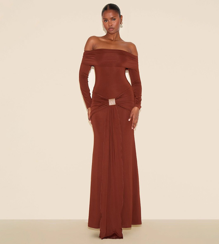 Bardot Long Sleeves Trim Drape Detail Maxi Dress