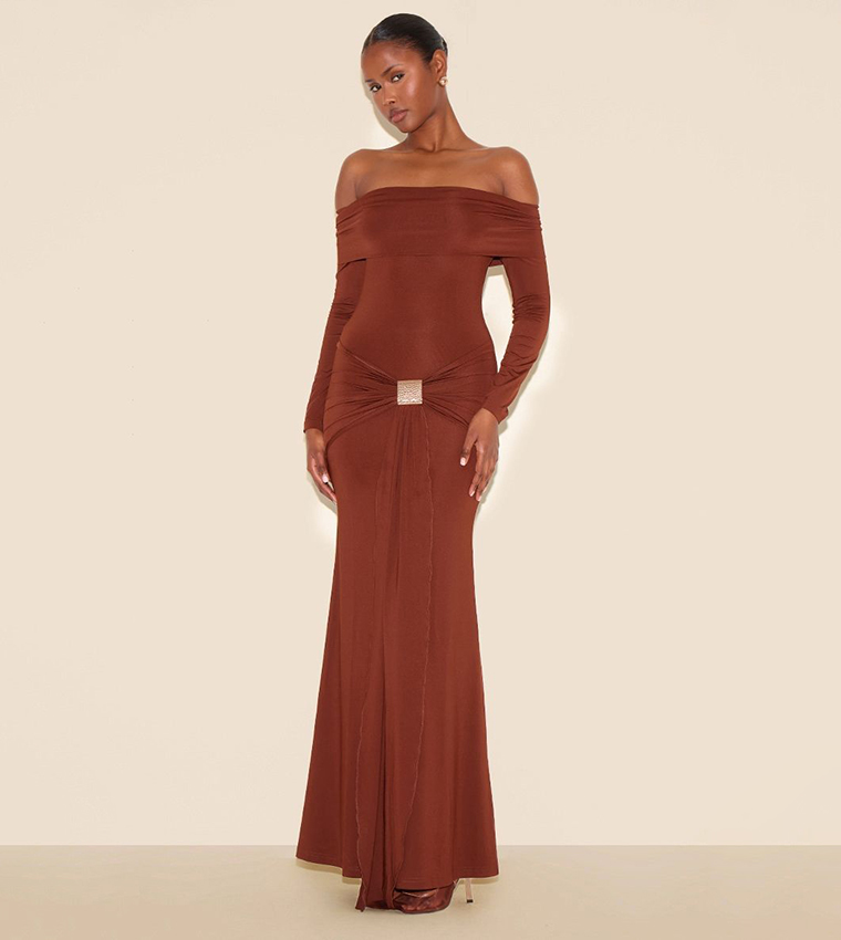 Bardot Long Sleeves Trim Drape Detail Maxi Dress