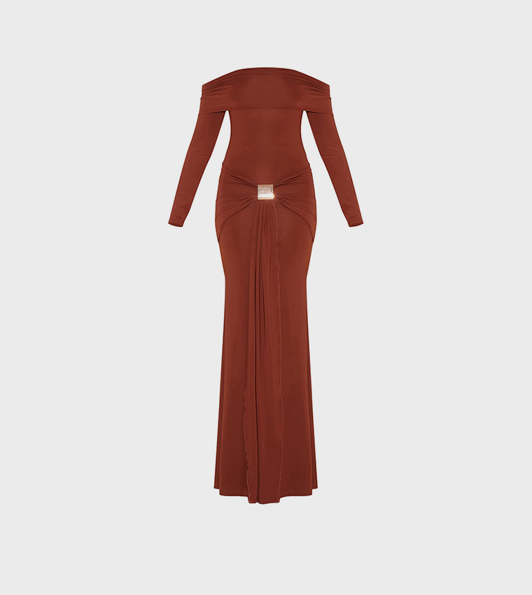 Bardot Long Sleeves Trim Drape Detail Maxi Dress