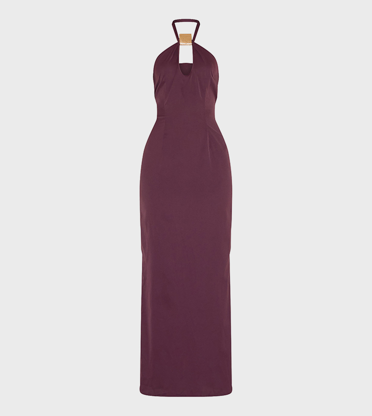 Woven Halter Neck Trim Detail Maxi Dress