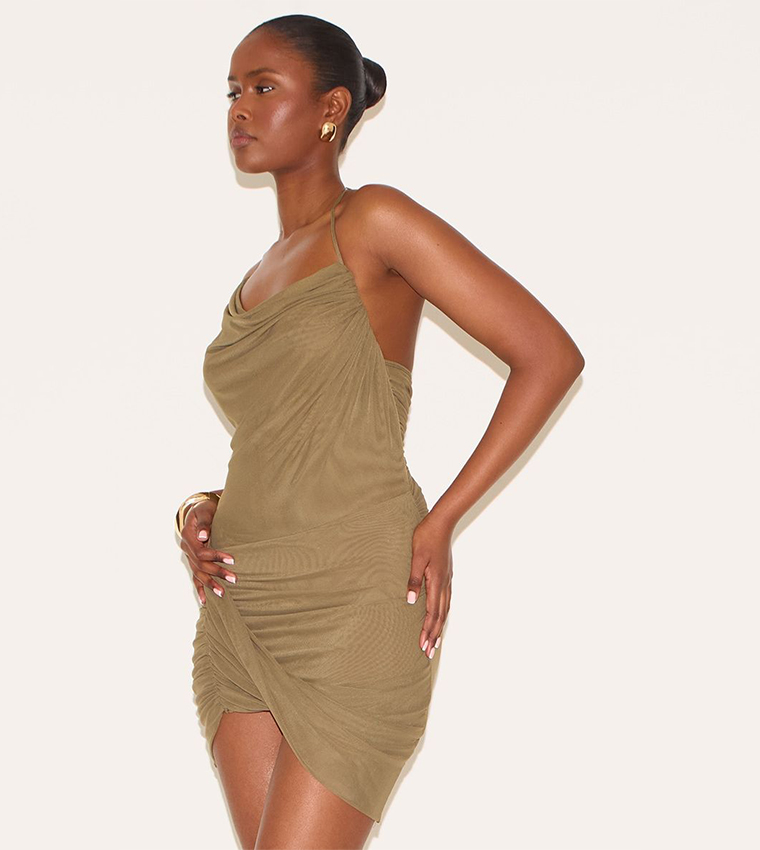 Mesh Ruched Halter Neck Mini Dress