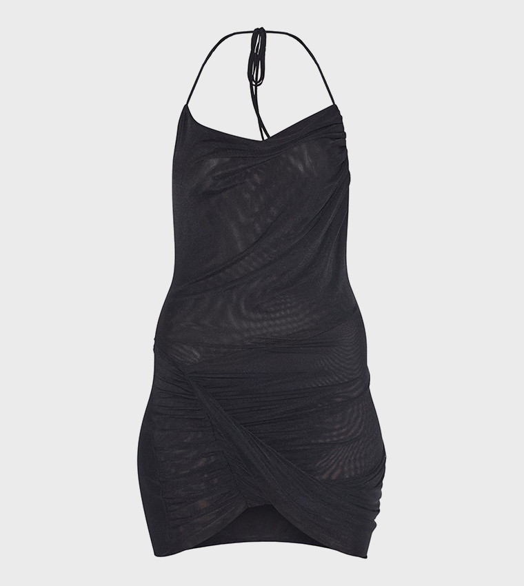Mesh Ruched Halter Neck Mini Dress