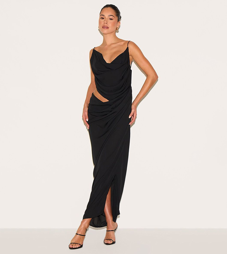 Buy PrettyLittleThing Chiffon Drape Cut Out Maxi Dress In Black