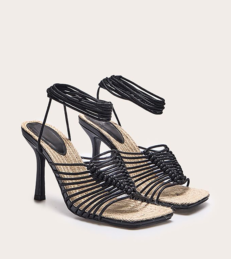 PU Square Knotted Toe Lace-Up Heel Sandals
