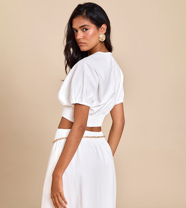 Shirred Waist Cap Sleeves Crop Top