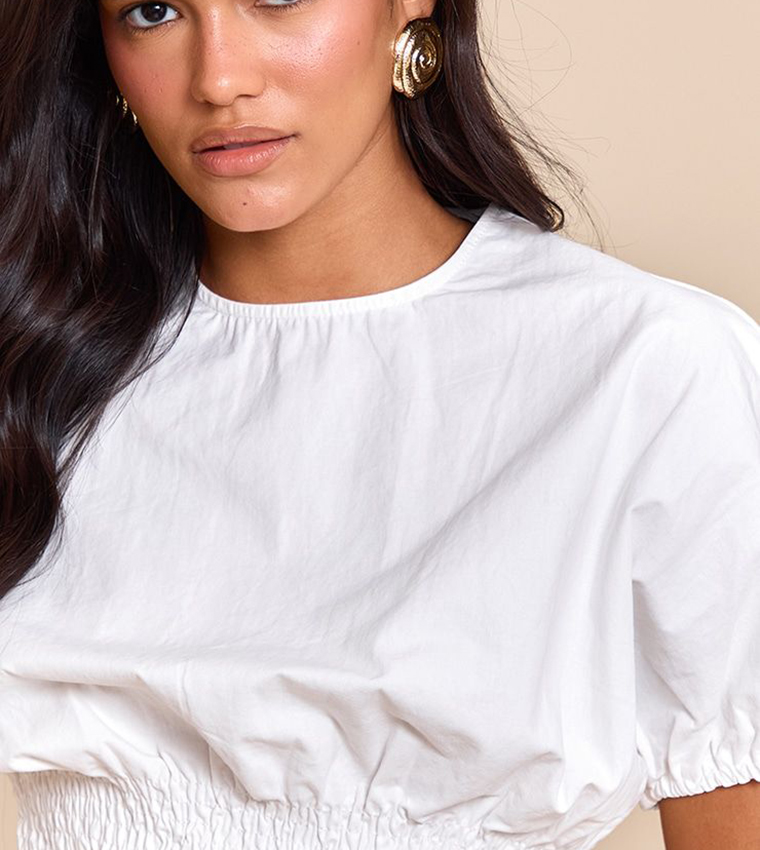 Shirred Waist Cap Sleeves Crop Top