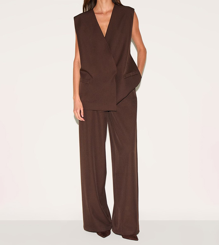 Woven Pleated Mid Rise Wide Leg Trousers