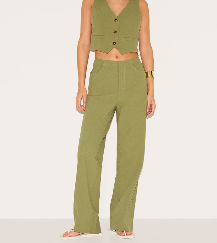 Linen Look Mid Rise Wide Leg Trousers
