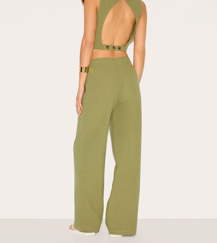 Linen Look Mid Rise Wide Leg Trousers