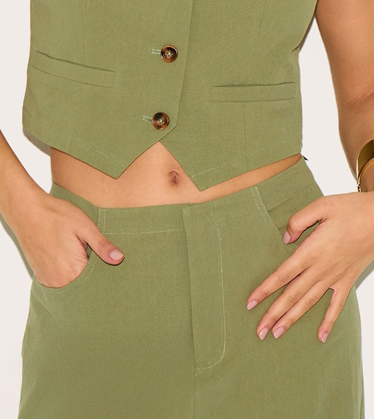 Linen Look Mid Rise Wide Leg Trousers